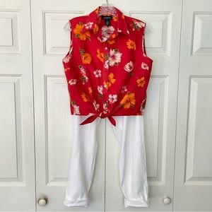 Jones New York 100% Linen Floral Cropped Top